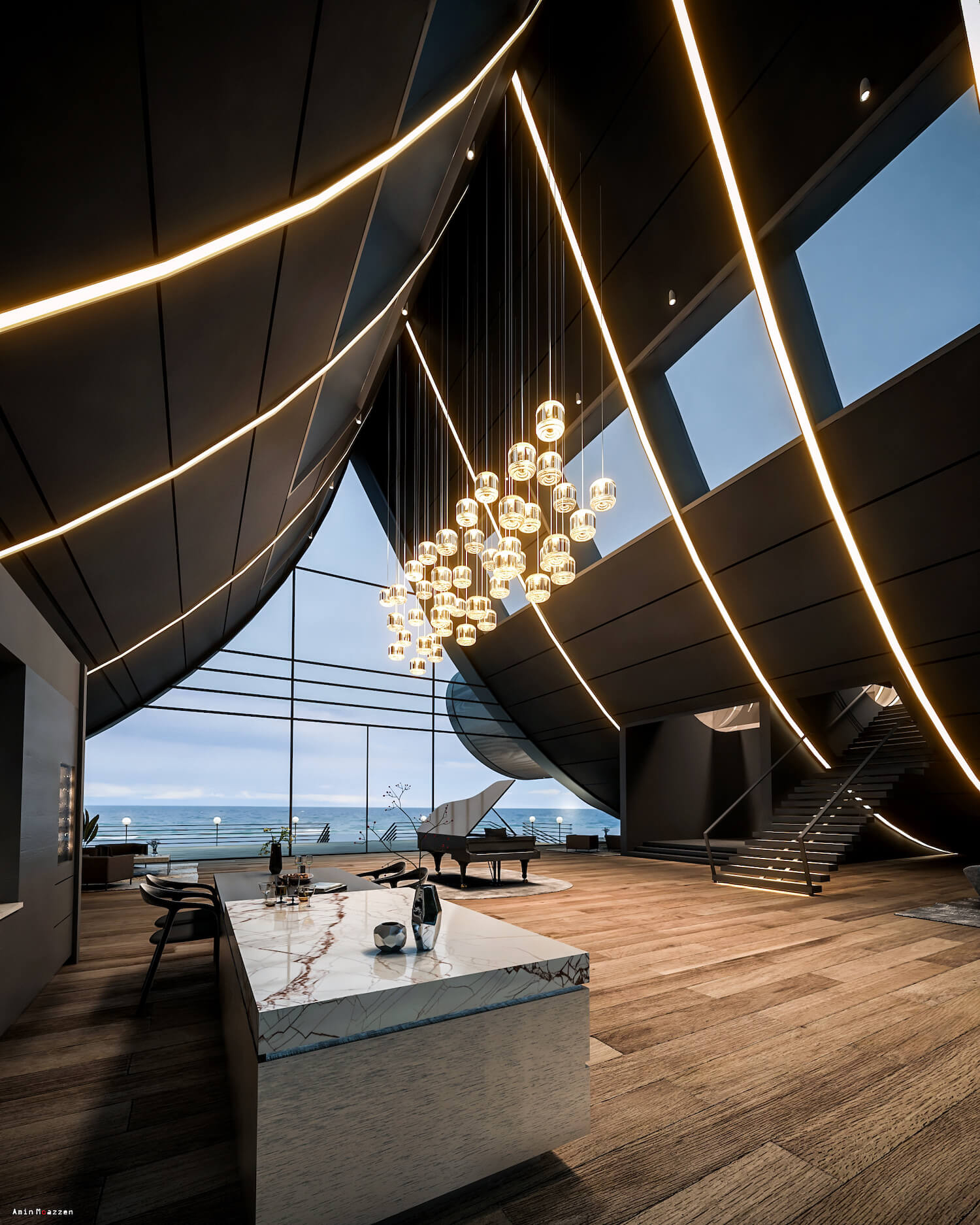 Architectural lighting in a sculptural lobby space